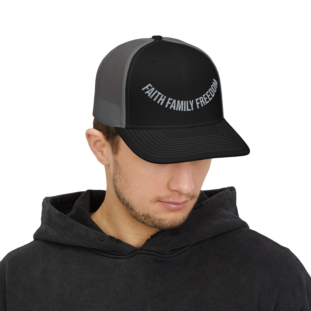 Faith Family Freedom — Patriotic Trucker Hat | Embroidered Snapback Cap